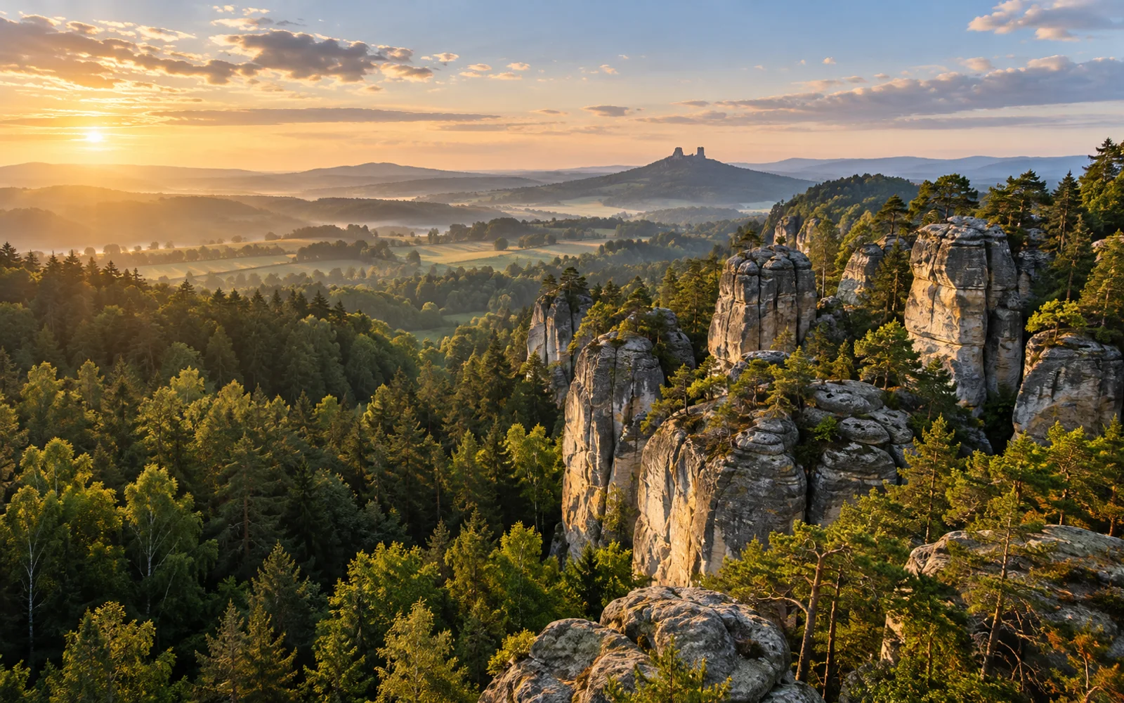 Felsige Landschaft, Wälder und Burgsilhouette
